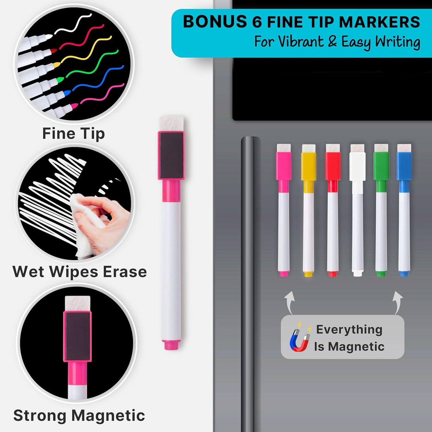 Magnetic Blackboard for Fridge - Dry Erase Black Board for Home, Office & Classroom (11.5" x15”), Menu Board for Kitchen Fridge - Family Meal Planner (7" x9”) - 6 Fine Tip Magnetic Markers & Eraser