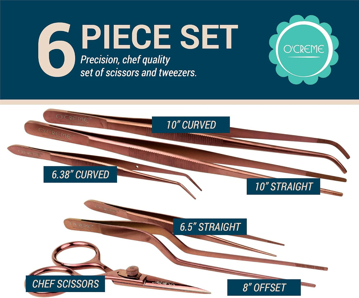O'Creme Set of Culinary Tweezer Tongs Offset, Straight and Curved, Plus Super Sharp Chef Scissors, Total 6 Pieces (Rose Gold)