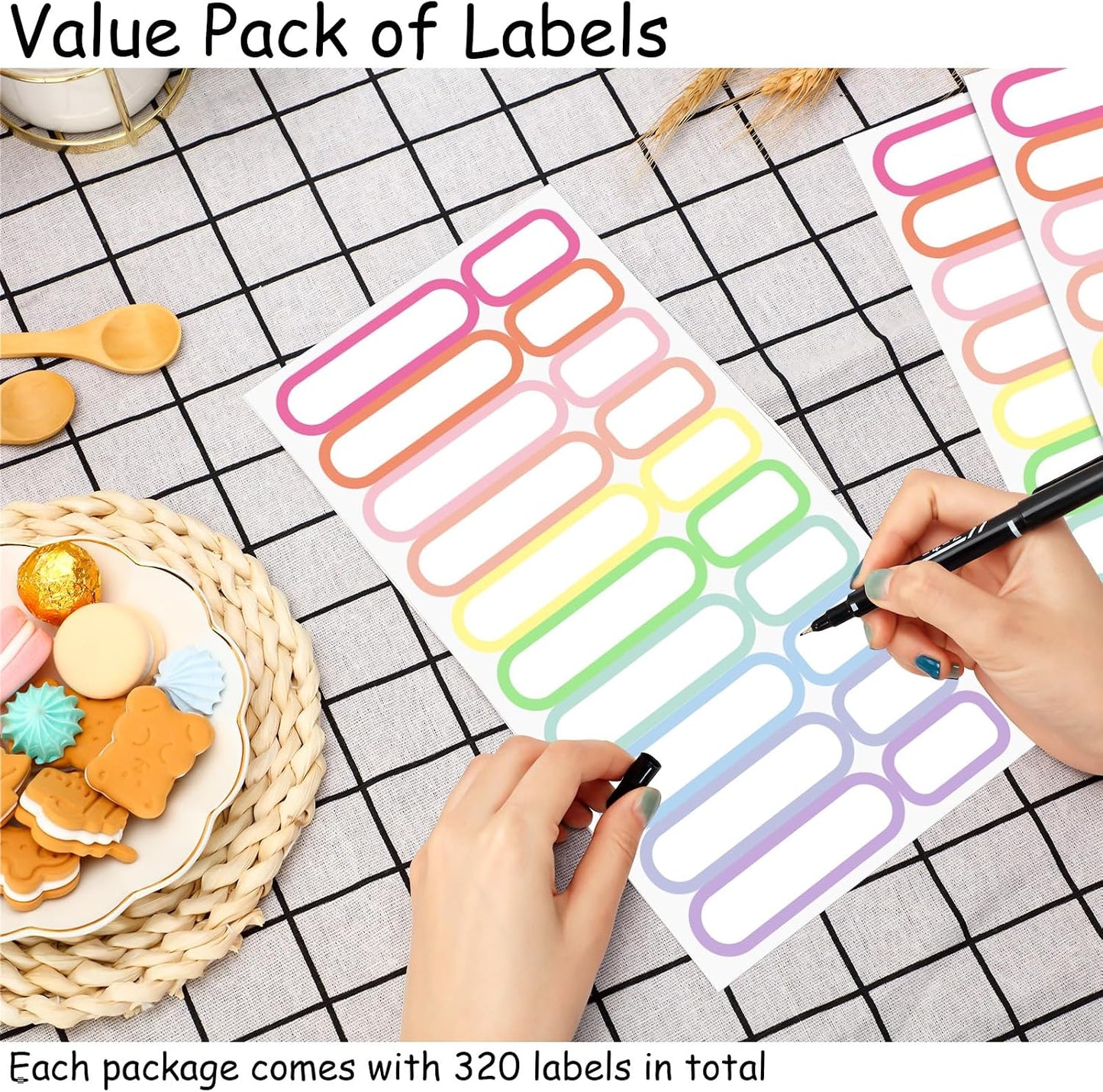 Outus 320 Pcs Waterproof Removable Labels with Makers Pen Self Adhesive Label Stickers for Water Bottles Spice Food Containers Jars Pantry Restaurant Storage(Macaron Color)