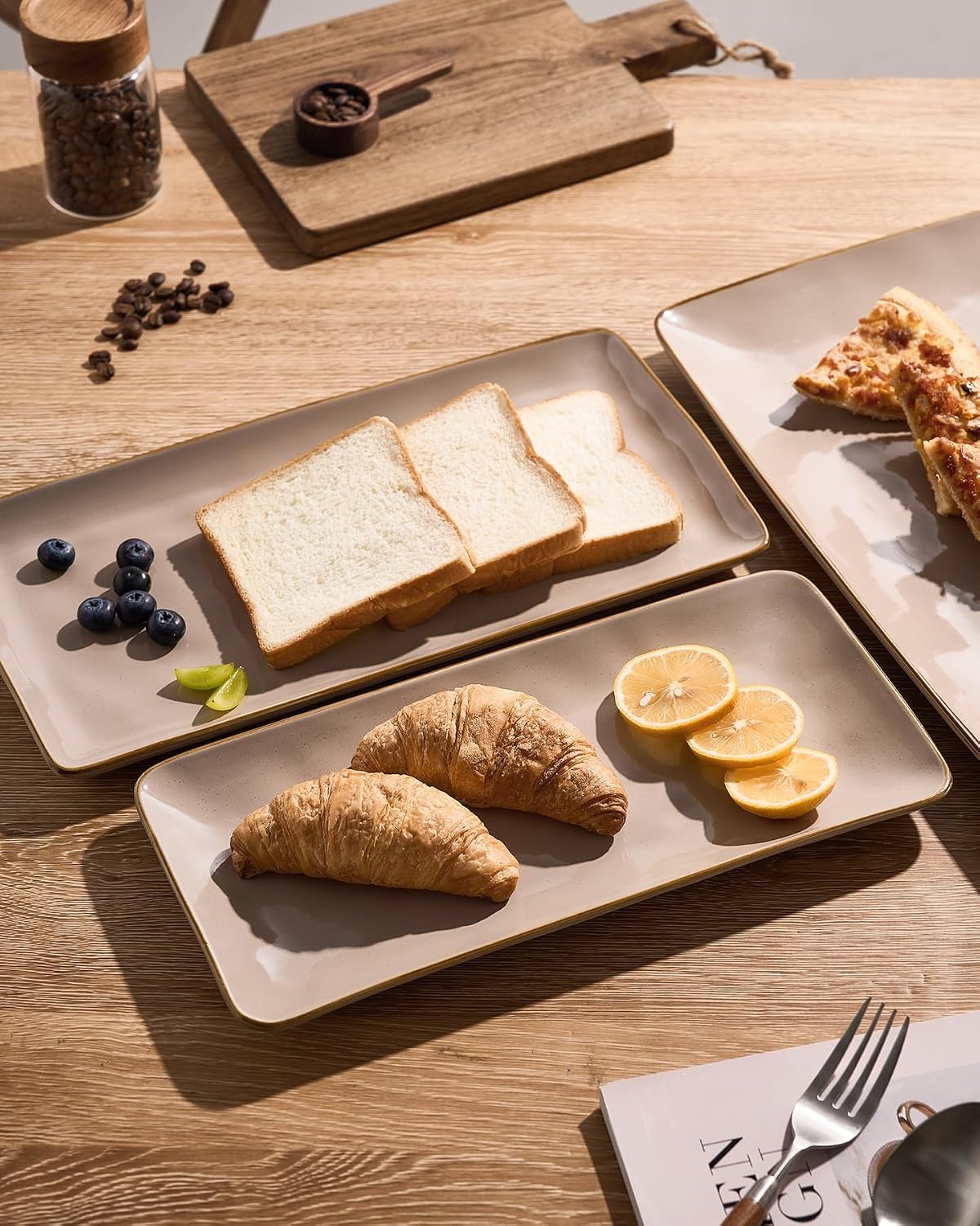 Famiware Serving Platter, Rectangular 15.67/14.1/12.6inch Serving Dishes for Entertaining, Microwave Dishwasher Safe, Stoneware Serving Trays for Party, Turkey, Cheese, Ocean Series, Cappuccino White