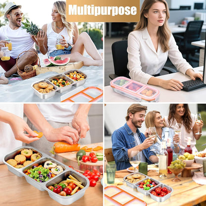 Stainless Steel Snack Containers with Lids – Reusable 3-Compartment Divided Food Storage Box for Various occasions, Portable Sauce Cups and Condiment Holder for Travel, Lunch, On-the-Go