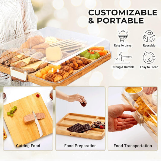 Charcuterie Boards, Bamboo Charcuterie Board with Lid, Cheese Board with Buckle Locking, Cutting Boards for Kitchen, House Warming Gifts New Home, Gifts for Women, 6 Compartments