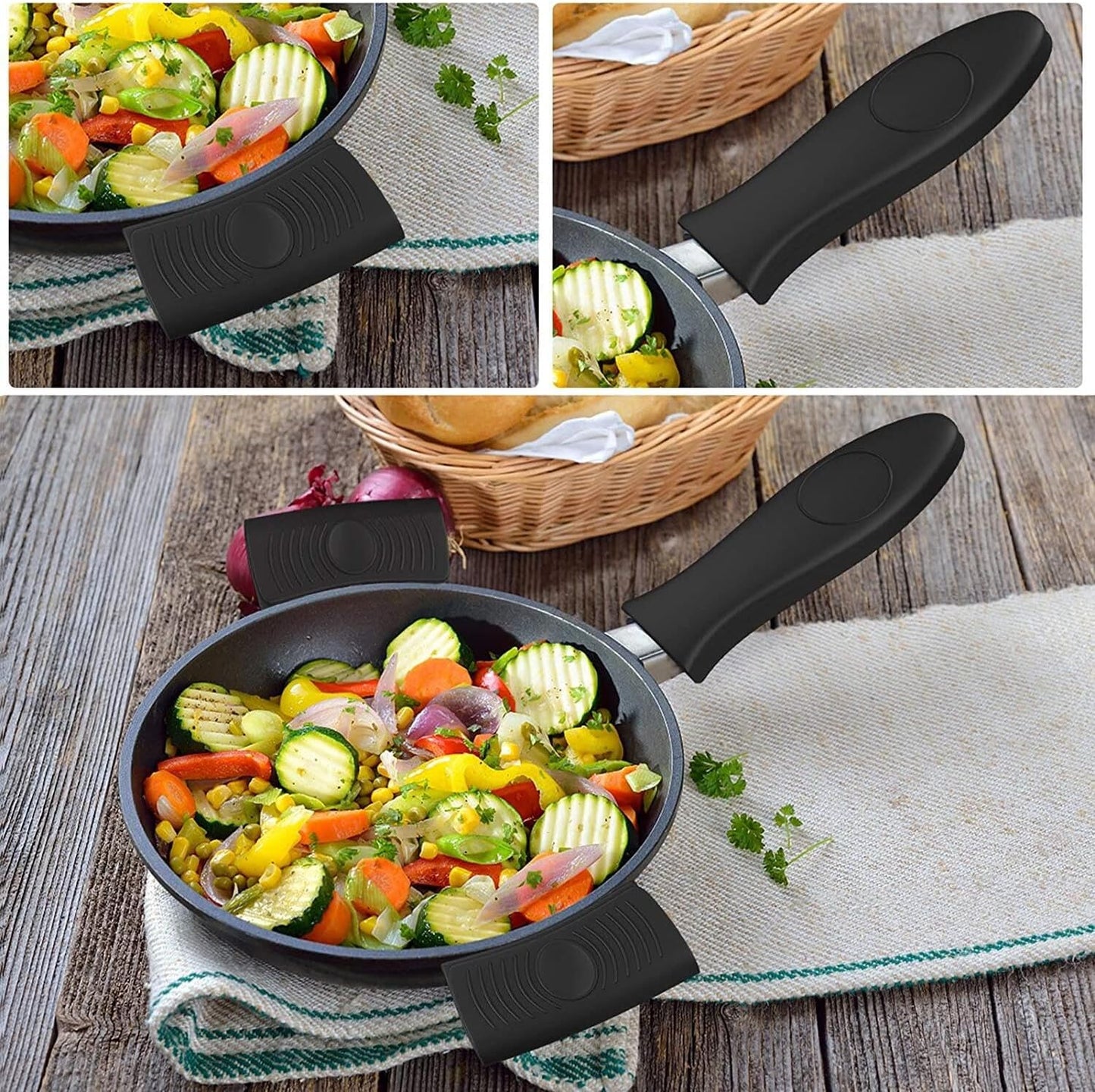 4 Pack Silicone Hot Skillet Handle Holder and Pot Holders Cover Sleeve, Heat Resistant Cast Iron Potholder Protectors Grip, Anti-Spill Non-Slip Cookware Handles for Pans,Oven (Black)