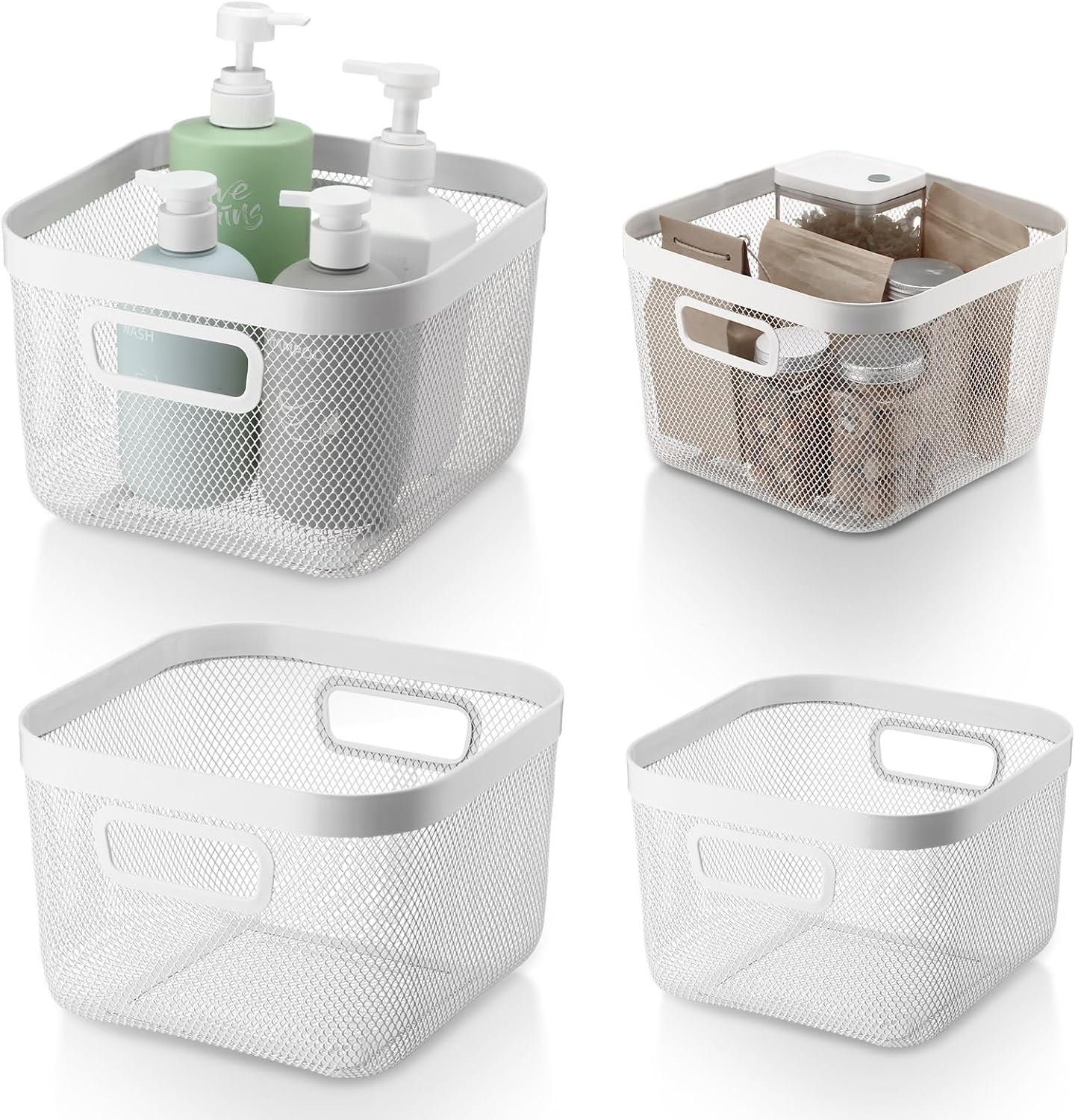 MorningRo 6 Pack Metal Mesh Basket with Hollow Handles Black Wire Storage Bin for Organizing Stackable Metal Fine Mesh Basket for Pantry Bathroom Kitchen Cabinets Shelves (Medium)