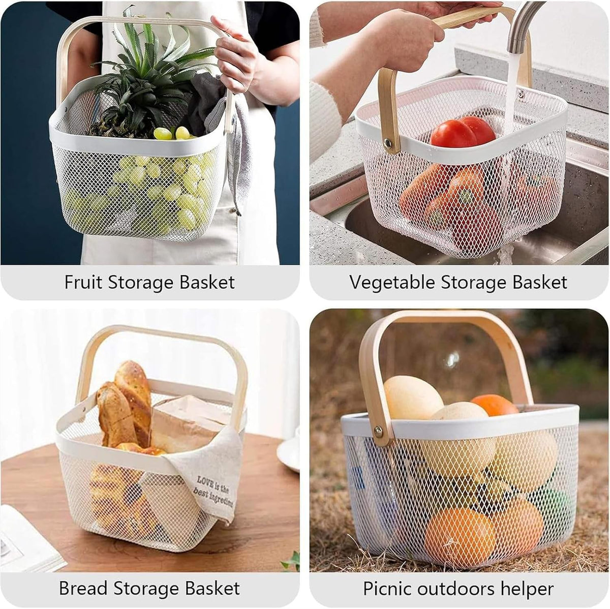 AJIODA Metal Mesh Wire Basket, Large Steel Basket with Wooden Handle Storage Organizer Basket Multi-functional Hanging Kitchen Baskets Fruit Baskets for Kitchen Bathroom Cabinet Pantry Snacks, Black
