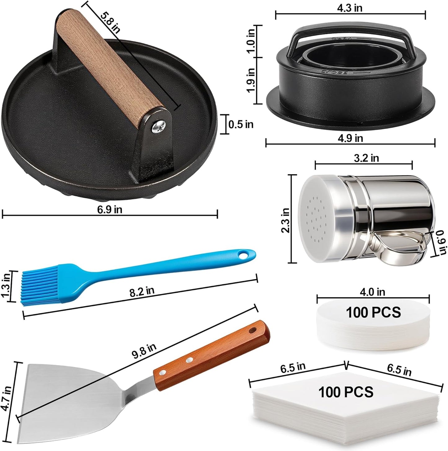 7" Cast Iron Smash Burger Press, Hamburger Press Patty Maker, Stainless Steel Spatula, Nonstick Patty Papers, Seasoning Shaker and Brush, Smash Burger Press Kit for Blackstone Griddle Grills