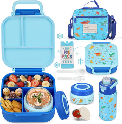 Bento Lunch Box for Kids with 7oz Soup Thermo,Insulated Stainless Steel Kids Water Bottle with Straw and Insulated Lunch Bag,Leak-Proof Lunch Food Container with Ice Pack for School (Purple-Mermaid)