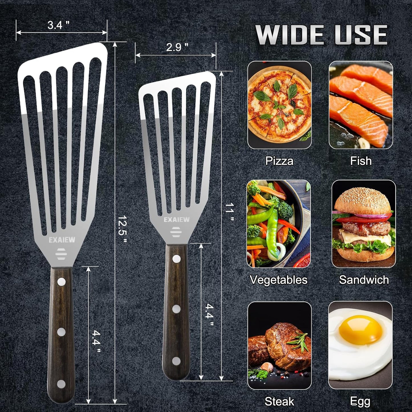 2 Pack Fish Spatula Stainless Steel - Metal Spatula Set, Wooden Handle | Kitchen Slotted Fish Turner/Spatula Set [ Large+Medium ] for Cooking & BBQ, Flipping Eggs, Burgers and Baking, Perfect Gifts