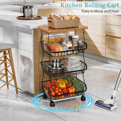 VECELO 4-Tier Fruit Basket with Wheels, Fruit and Vegetable Storage Cart for Kithchen, Stackable Produce Organizer Wire Baskets for Kitchen, Pantry, Living Room