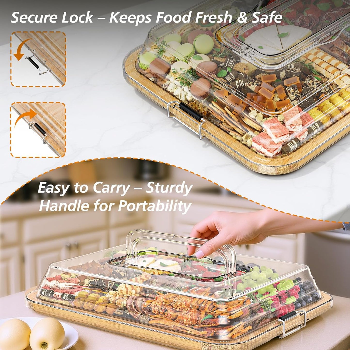 Charcuterie Boards with Foldable Lid, Portable Bamboo Cheese Board with Single Compartments, Clear Locking Lid and Handle, Easy to Store, Suitable for Picnics, Camping, Parties