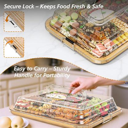 Charcuterie Boards with Foldable Lid, Portable Bamboo Cheese Board with Single Compartments, Clear Locking Lid and Handle, Easy to Store, Suitable for Picnics, Camping, Parties