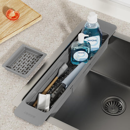 NiHome Extendable Over Sink Kitchen Organizer, Small Telescopic Brush Storage Rack for Sponge, Non-Slip Pads Expandable Sink Caddy, Adjustable Sponge/Brush Rack with Drainage Durable ABS (Dark Gray)
