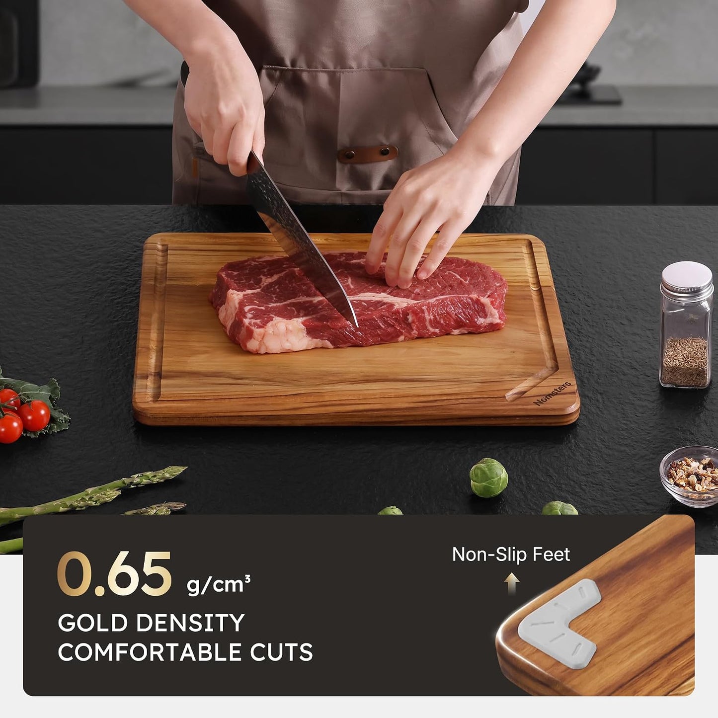 3 Pack Teak Wood Cutting Board Set for Kitchen Charcuterie Board Serving Heavy Duty Non Toxic Slip Hardwood Over Sink Solid Thick Haus Wooden Chopping Board Large Big Small Meat Best Essential Gift