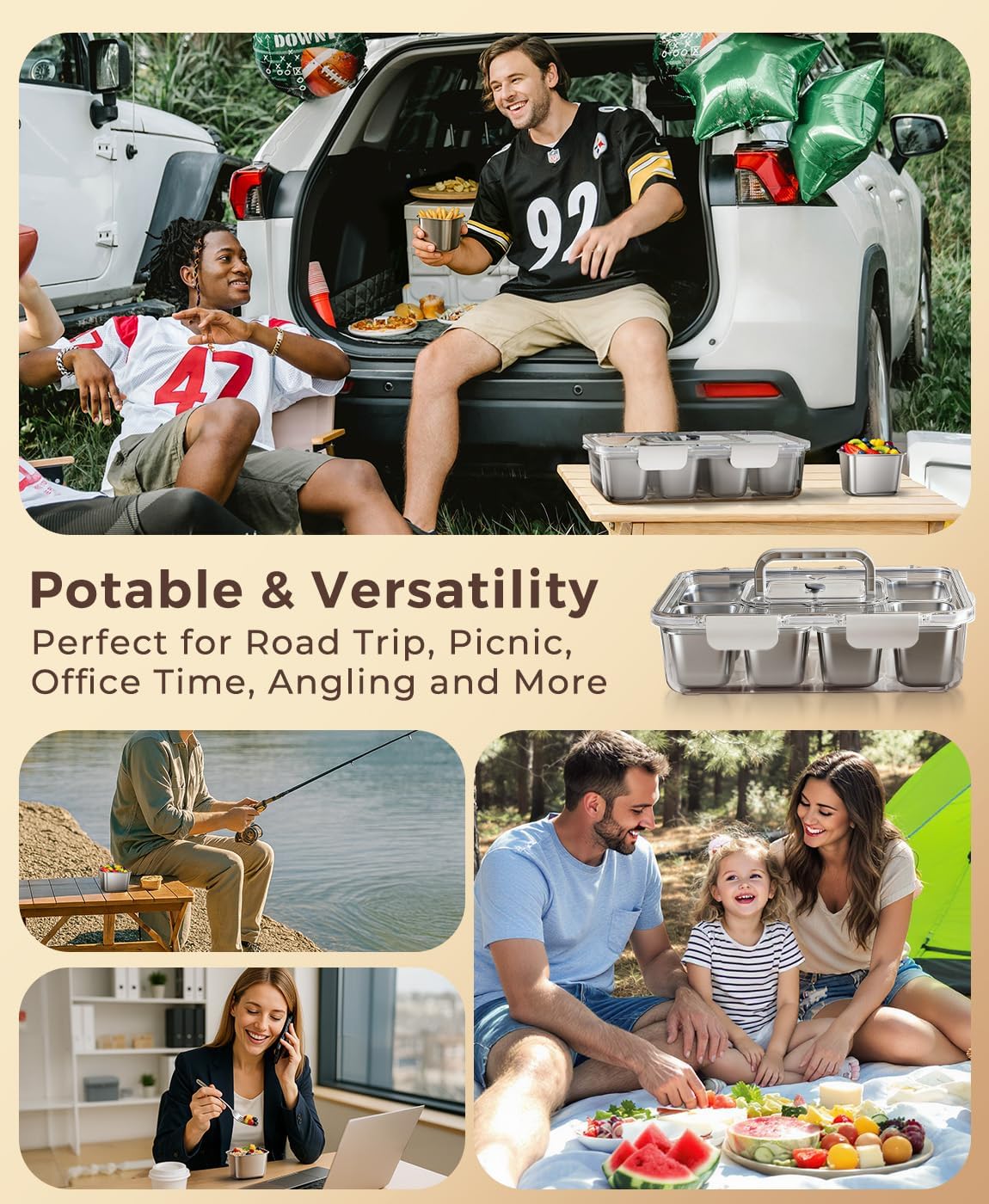 Snackle Box Container with 8 Removable Stainless Steel Compartments Divided Serving Tray with Portable Handle for Beach, Road Trip, Picnic, Boat Days, Ball Games, Pool and Parties