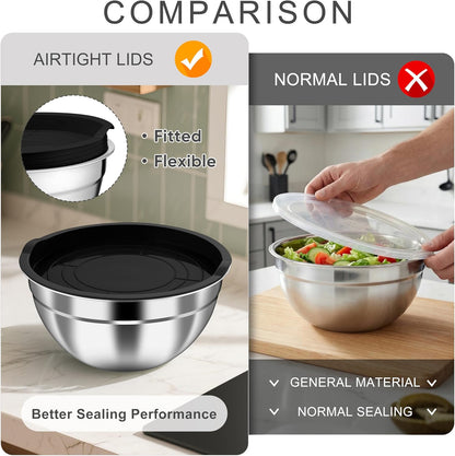 HaWare Mixing Bowls with Airtight Clear Lids, 6-Piece Stainless Steel Strong Nesting Bowls Set, Metal Salad Bowl for Cooking, Prepping, Baking, Serving & Food Storage, Size 4.6, 3, 1.5QT, Khaki