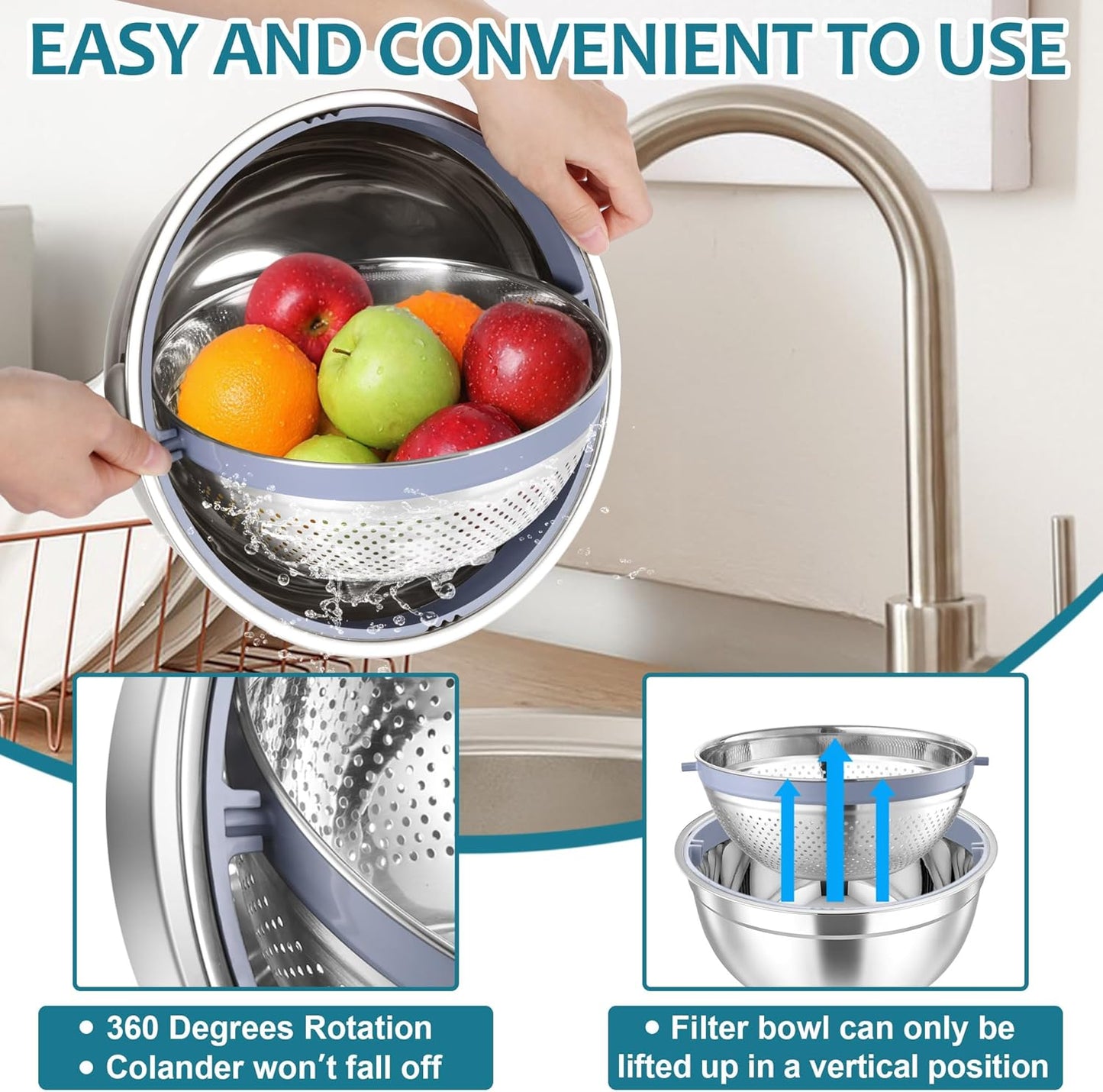 E-far Colander with Mixing Bowl Set, 4-1 Stainless Steel Colander Strainers Bowl with Graters for Kitchen, Rotatable Food Strainer Bowl for Rinsing Fruits Vegetables/Draining Pasta - Black
