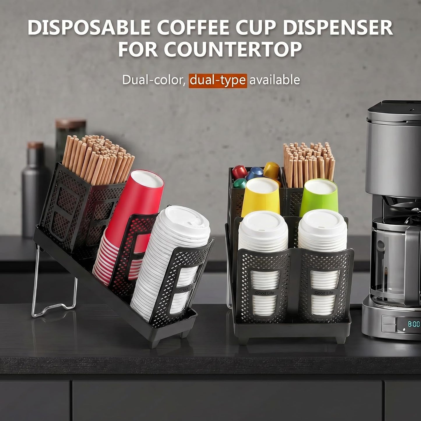 Paper Cup and Lid Holder, Disposable Coffee Cup Dispenser, 3-Slot Upright Paper Cup Dispenser for Coffee Stations, Kitchens, Bars, Restaurants, Lounges (Black)