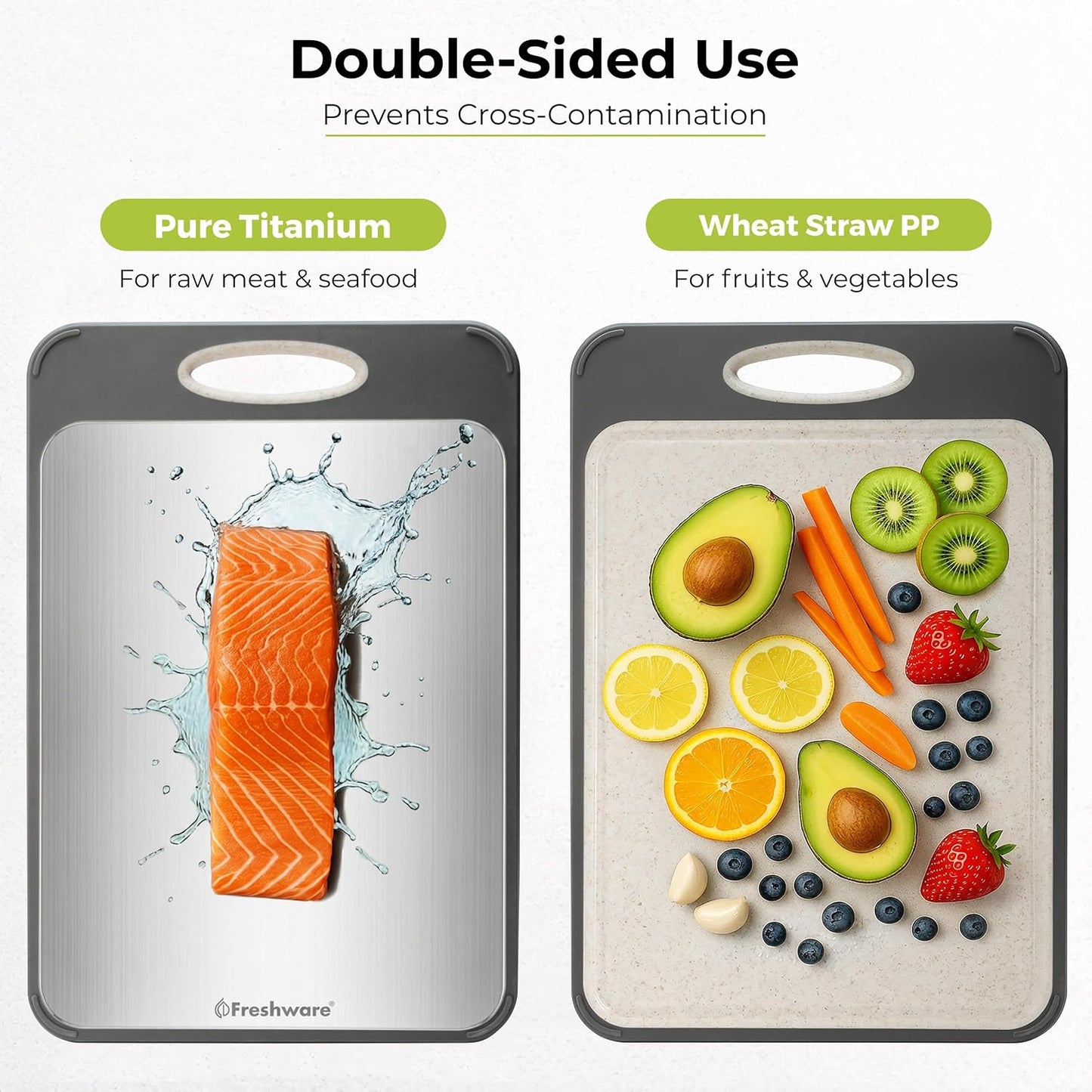 Freshware Titanium Cutting Board for Kitchen, Set of 2, Double Sided Cutting Boards, Pure Titanium/PP, Chopping Board with Juice Grooves, Dishwasher Safe, Medium 12.1" by 8.3" and Large 16.2" by 11"