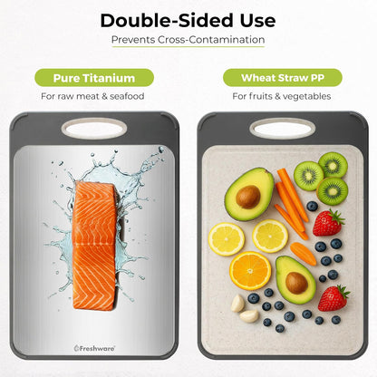 Freshware Titanium Cutting Board for Kitchen, Set of 2, Double Sided Cutting Boards, Pure Titanium/PP, Chopping Board with Juice Grooves, Dishwasher Safe, Medium 12.1" by 8.3" and Large 16.2" by 11"