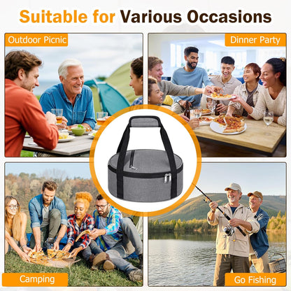 Round Insulated Casserole Carrier – 12" Portable Pie Carrier Bag for Hot or Cold Food, Leakproof Thermal Lunch Tote with Handle for Parties Picnic & Travel - Grey