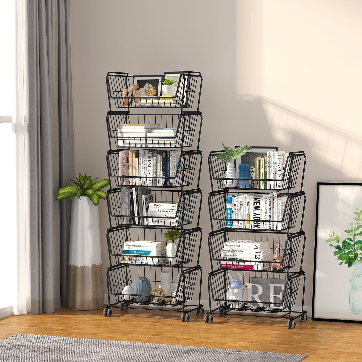 PUSDON 4-Tier Spacious Stackable Wire Storage Baskets with Wheels, Metal Rolling Utility Cart Organizer, Fruit and Vegetable Produce Basket for Kitchen Pantry, Everyday Bathroom Shelf, Silver Grey
