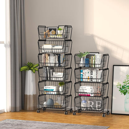 PUSDON 4-Tier Spacious Stackable Wire Storage Baskets with Wheels, Metal Rolling Utility Cart Organizer, Fruit and Vegetable Produce Basket for Kitchen Pantry, Everyday Bathroom Shelf, Silver Grey