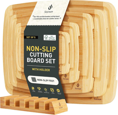 3 Packs Bamboo Cutting Board Set with Non Slip Feet Holder and Over Sink Nice Solid Thick Wood Juice Groove Chopping Board Extra Large Big Small Best Hardwood Kitchen Organic Vegetable Meat BBQ Kit