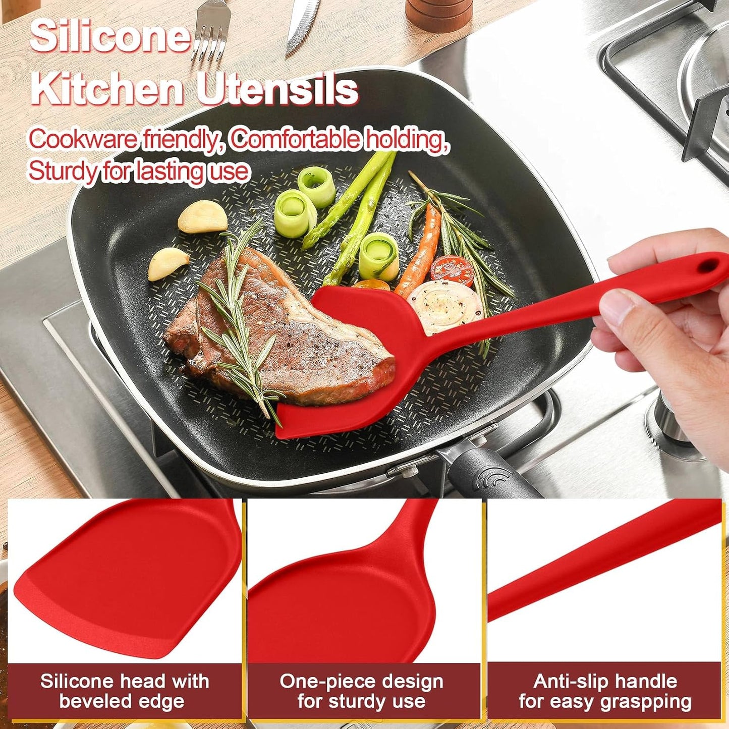 P&P CHEF Kitchen Utensil Set, 4 Pieces Non-stick Silicone Cooking Utensils, Heat-resistant Slotted Solid Spoon Turner for Frying, Mixing, Serving, Non-toxic & Easy to Clean, Blue