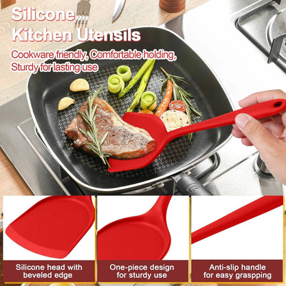 P&P CHEF Kitchen Utensil Set, 4 Pieces Non-stick Silicone Cooking Utensils, Heat-resistant Slotted Solid Spoon Turner for Frying, Mixing, Serving, Non-toxic & Easy to Clean, Blue