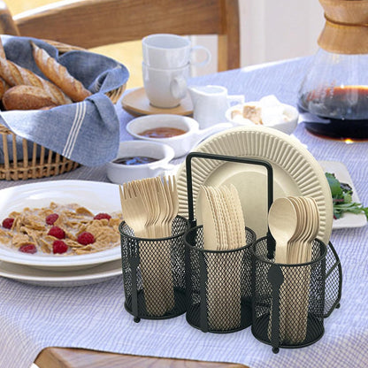 DysanVica Utensil Caddy Silverware Holder - 4 Compartment Metal Mesh Cutlery Fork Spoon Napkin Plate Organizer Flatware Storage Basket Party Kitchen Countertop Buffet Picnic Camping Outdoor BBQ Black