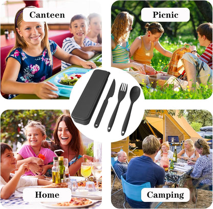 2 Sets Reusable Utensil Set with Case, Portable Plastic Spoons Fork Knife Camping Utensils for Lunch Box Accessories for Kids Adults Travel Picnic Camping Daily Use(Blue, Black)