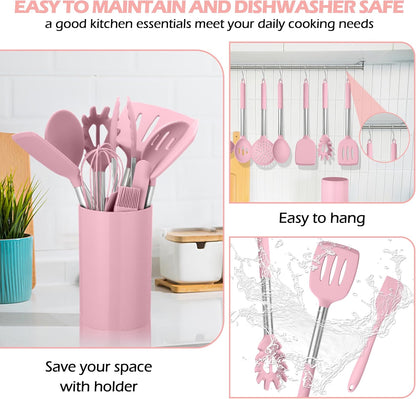 HaWare 29 PCS Silicone Cooking Utensils Set, Heat Resistant Kitchen Utensils Set with Stainless Steel Handle, Spatula Sets with Holder and Hooks, Kitchen Tools Gadgets for Nonstick Cookware -Khaki