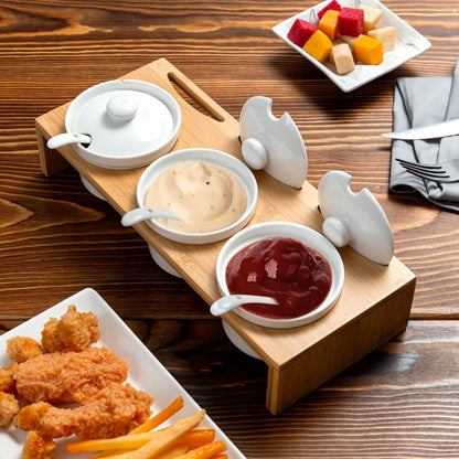 MyGift 10 Pcs Condiment Pot Serving Dish Set, Hosting Essentials, Premium Acacia Solid Wood Raised Display Server Tray and 3 Ceramic Ramekin Dip Bowls with Lids and Spoons