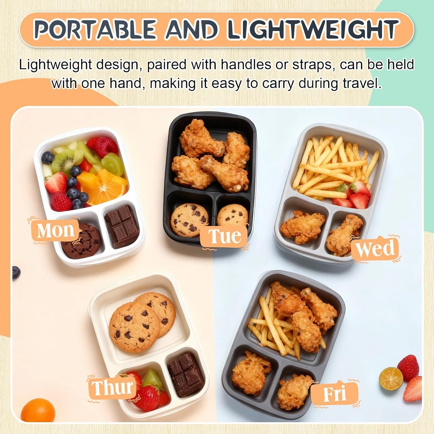 Honeydak 5 Pack Snack Containers 3 Compartment Bento Snack Boxes Divided Meal Prep Containers with Lids Reusable Adults Lunch Food Storage Box for School Work Travel(Elderberry)