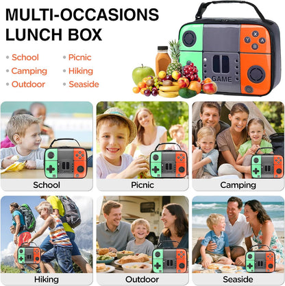Kids Gamer Lunch Box for Boys, Game Console Insulated Lunch Bag, PU Leather Waterproof Lunchbox with Mesh Pocket, Durable Leakproof Lunch Tote Fits Bento Box for School