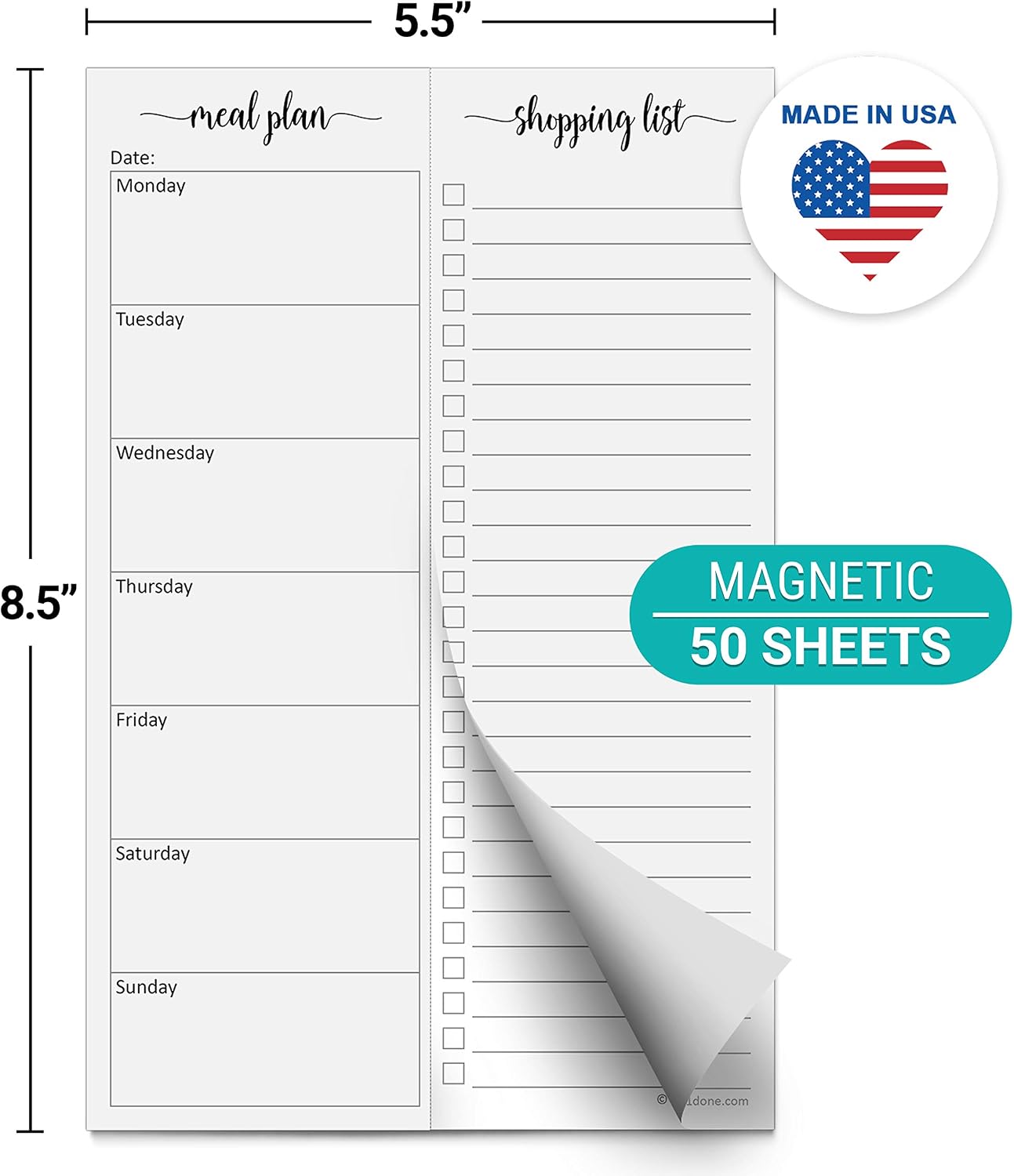 321done Magnetic Weekly Meal Plan Shopping Checklist Notepad - Tear-Off 50 Sheets, 5.5x8.5 - Undated, Sunday to Saturday To-Do List Planner, Schedule Weekly Desk Pad, Weekday Planning Notepad - Made in USA