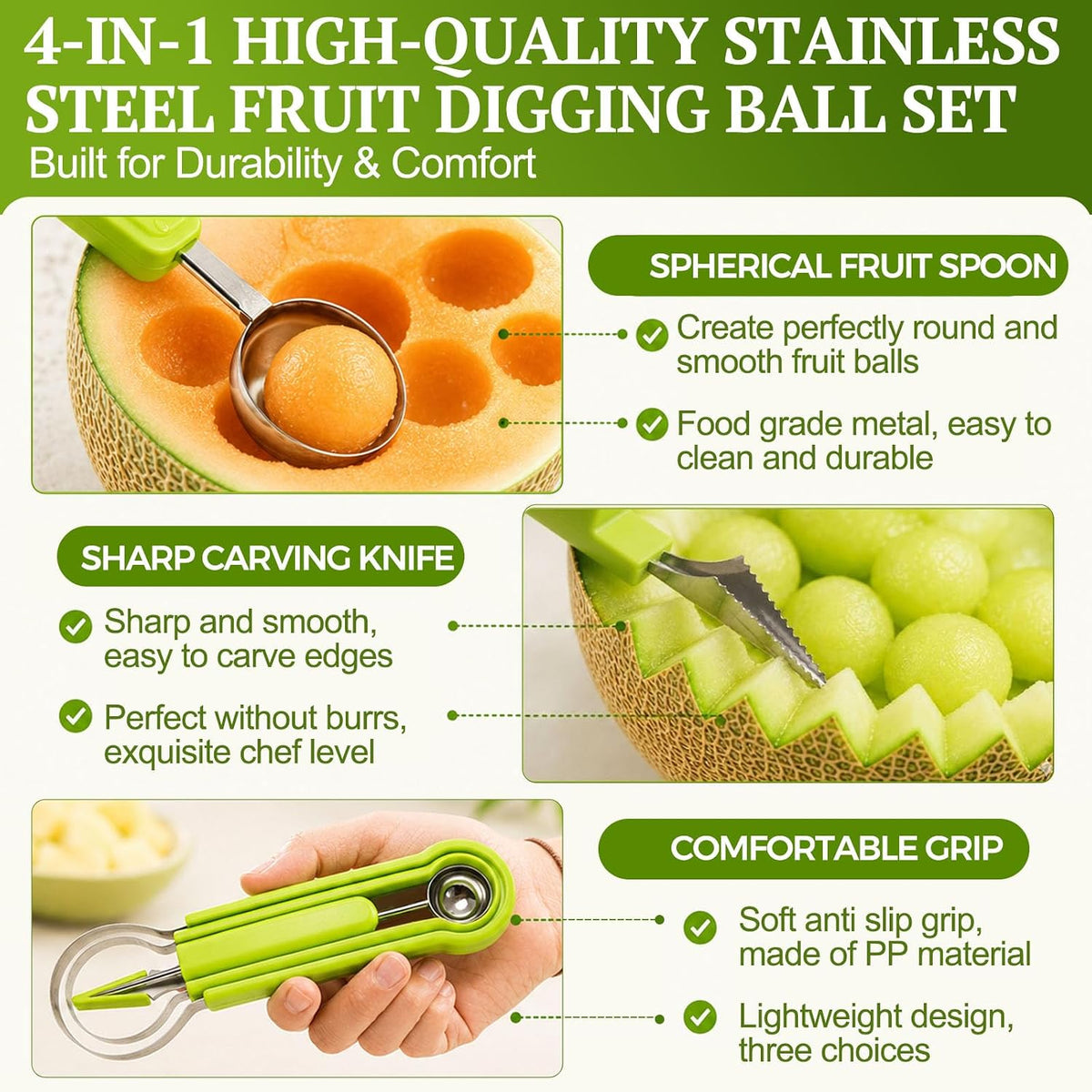 Suuker 4 in 1 Melon Baller Scoop Set, Green