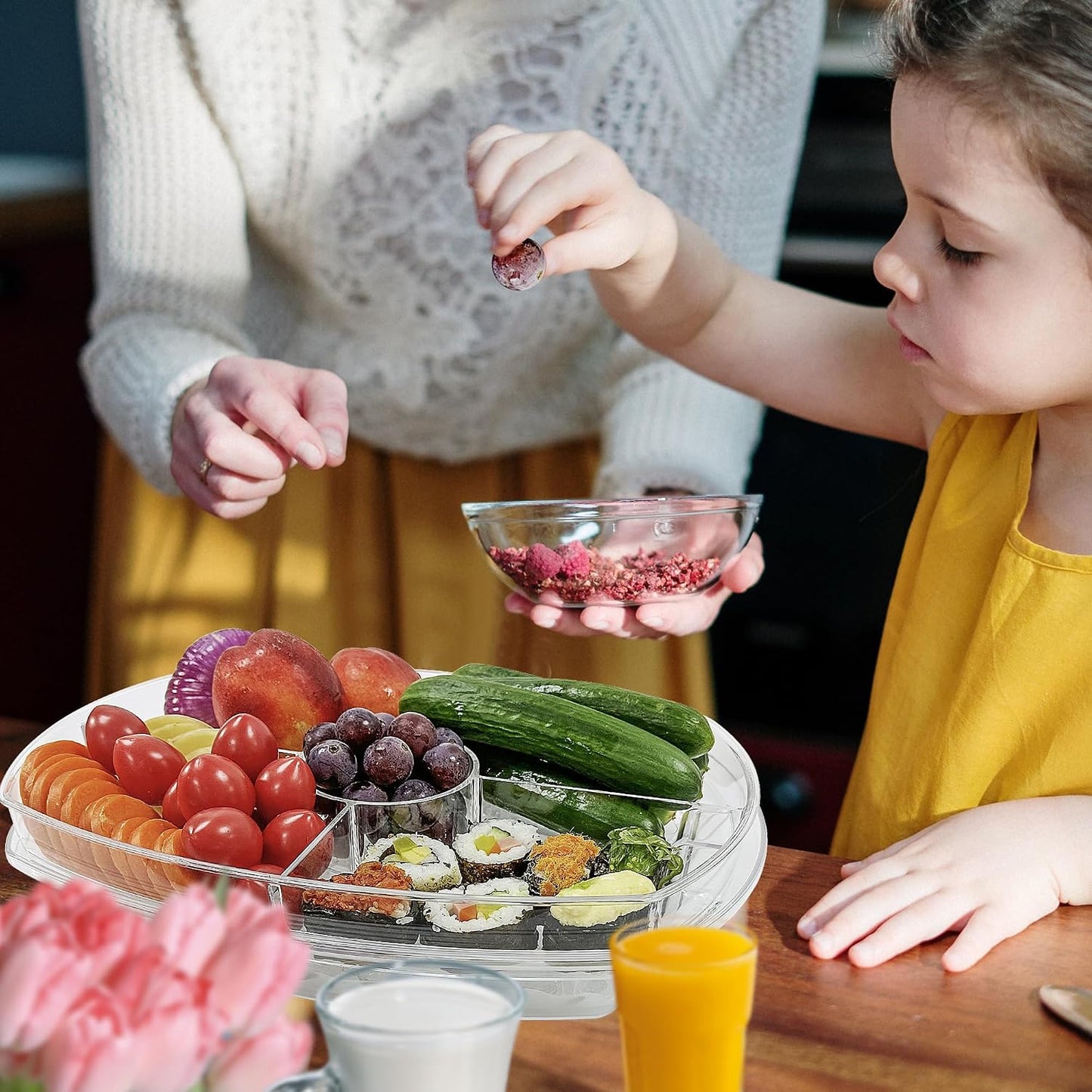 15 Inches Divided Serving Tray, Party Platters and Trays with Lid, Snackle Box Container, Fruit Tray, Veggie Tray, Chilled Serving Trays for Food, Appetizers, Desserts, Cold Food Buffet Server