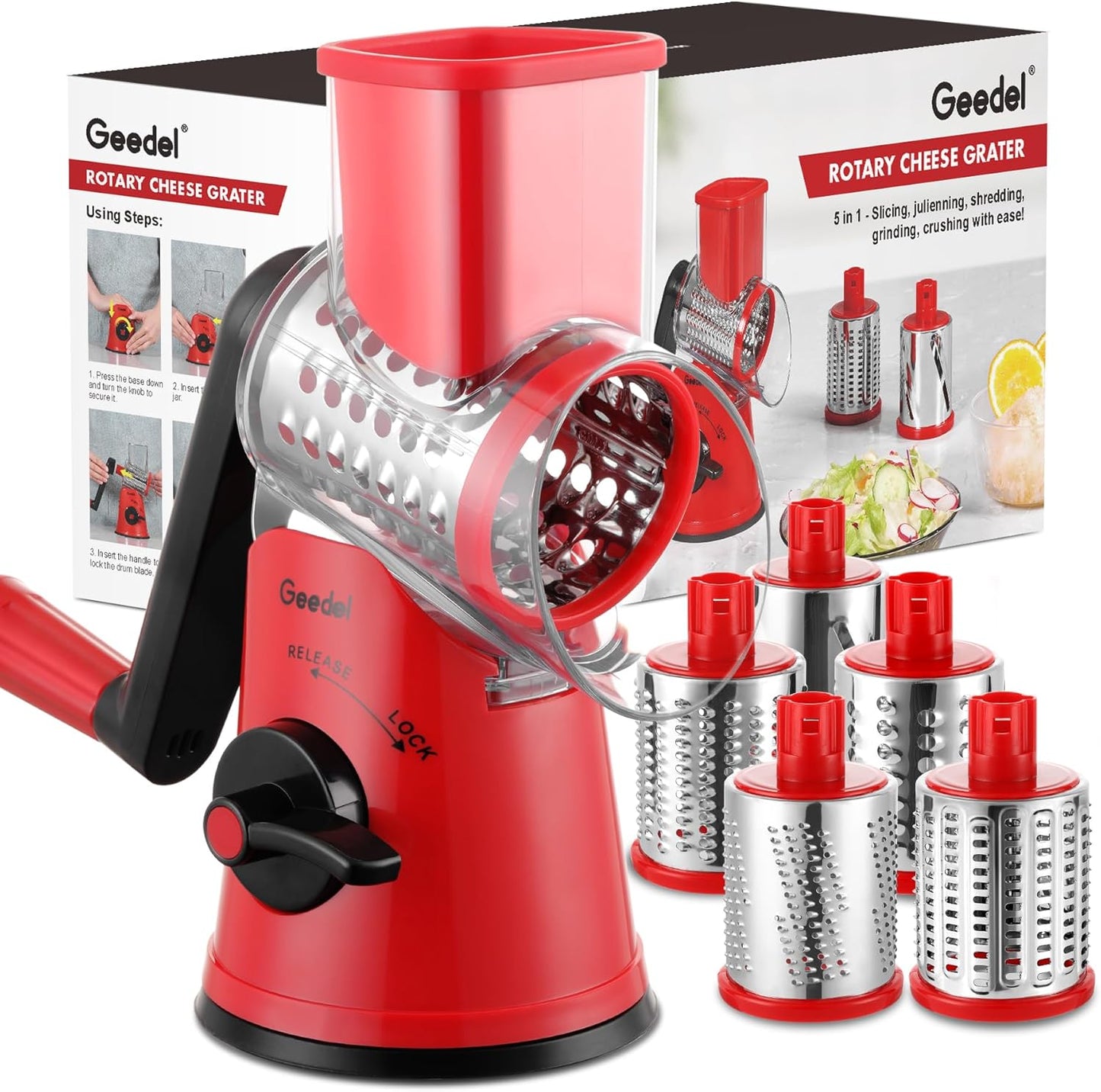Geedel Rotary Cheese Grater, Kitchen Mandoline Vegetable Slicer with 3 Interchangeable Blades, Easy to Clean Rotary Grater Slicer for Cheese, Vegetables, Nuts