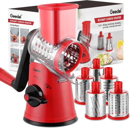 Geedel Rotary Cheese Grater, Kitchen Mandoline Vegetable Slicer with 3 Interchangeable Blades, Easy to Clean Rotary Grater Slicer for Cheese, Vegetables, Nuts