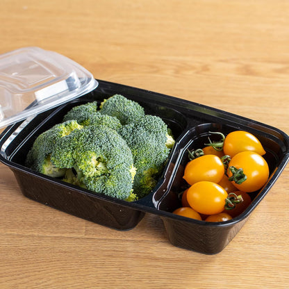 30oz Meal Prep Containers Bulk 50-Pack - 2-Compartment with Lids, Leakproof, Microwave/Freezer/Dishwasher Safe - Commercial Food Storage, Black