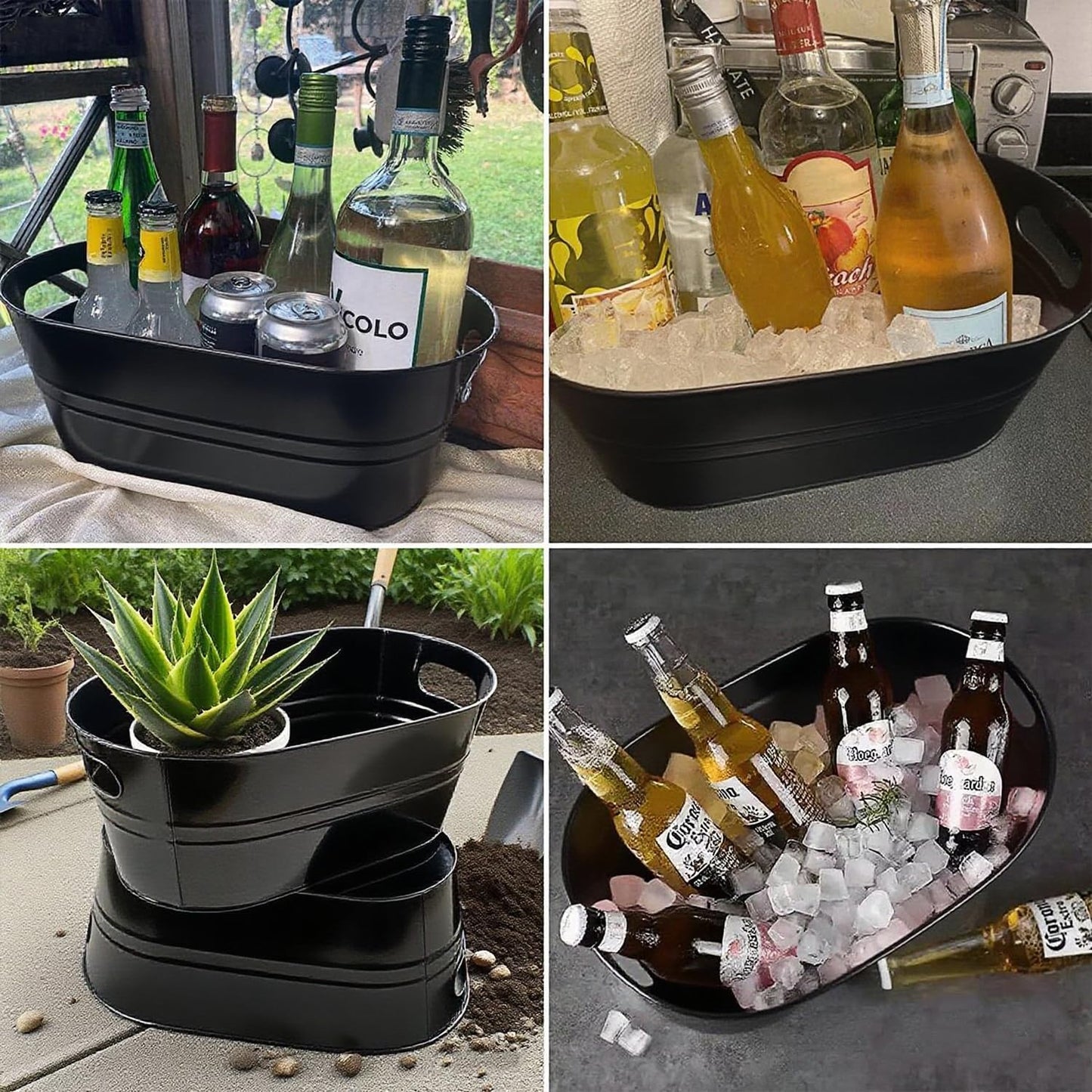 3 PCS 15.3 x 9 x 6 inches Black Metal Galvanized Tub with Handles, 3 Gallon Galvanized Beverage Tubs for Parties, Large Metal Drink Ice Buckets for Beer, Wine, Cocktails & Outdoor Events