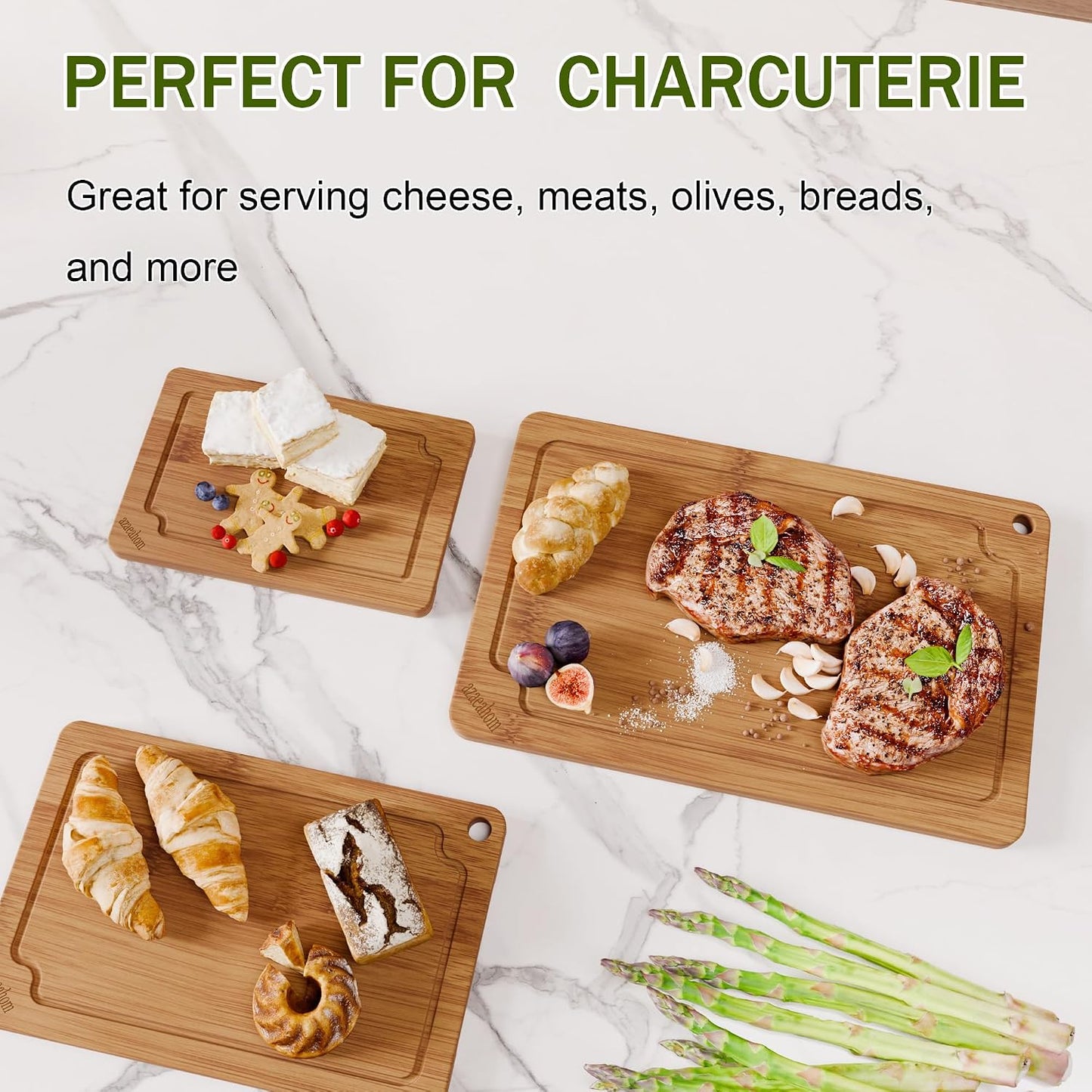 Bamboo Cutting Boards for Kitchen, Wood Cutting Board Set with Juice Grooves & Built-in Handles, Large Medium Small Chopping Board for Meat, Vegetables, Fruit