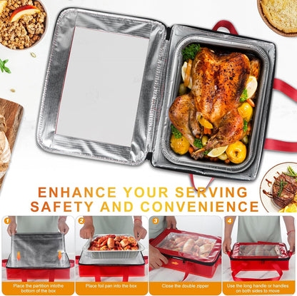 2 Pack Foil Pan Carrier with Clear Lid, PU Leather Aluminum Pan Holders with Long Handle,Serving Tray for Food,Insulated Casserole Carrier for Travel,Picnic,Parties,Fits 9"x13" Baking Dish (2, Black)