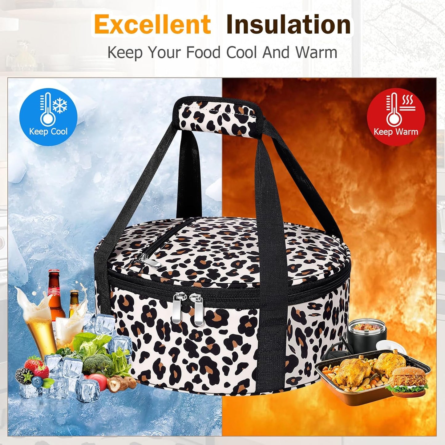 Round Insulated Casserole Carrier – 12" Portable Pie Carrier Bag for Hot or Cold Food, Leakproof Thermal Lunch Tote with Handle for Parties Picnic & Travel - Grey
