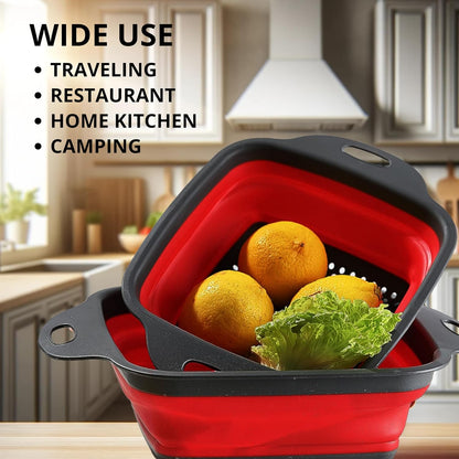 3PCS Green Foldable Kitchen Strainer Set – Silicone Colander Collapsible Strainers and Colanders Green Collander for Kitchen Collapsible Compact Drain Tools for Cooking Prep