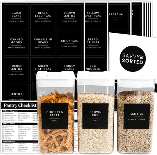 SAVVY & SORTED Minimalist Pantry Labels, 180 Waterproof Vinyl Stickers for Food Containers - Kitchen Labels for Organizing Storage Bins, Jars, Kitchen