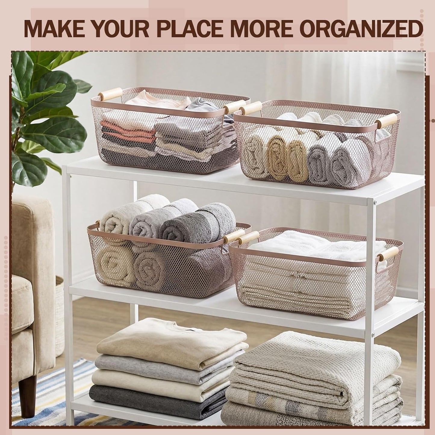 Mumufy 3 Pcs Metal Mesh Basket with Wooden Handles Wire Steel Organizer Bins Pantry Organizers Kitchen Baskets for Closet Cabinet Bathroom Fridge Food Snacks Organization (Warm Tapue,3 Sizes)