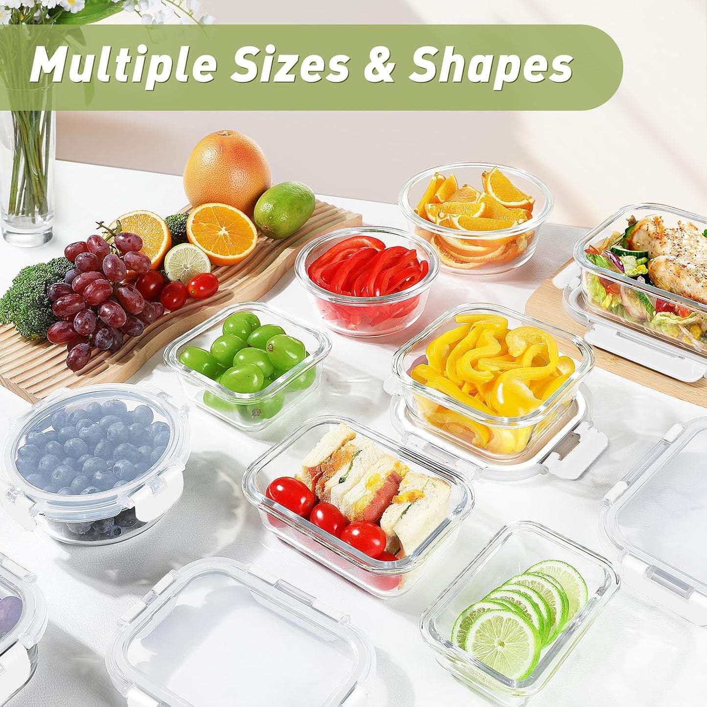 BAYZZ 30 Piece Glass Food Storage Containers Set, Glass Meal Prep Containers with Lids, Airtight Lunch Box, BPA-Free, Microwave, Freezer & Dishwasher Safe