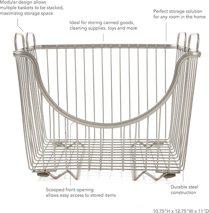 Spectrum Ashley Small Stackable Wire Baskets for Pantry & Kitchen Counter Organizer, Stacking Fruit Basket Wire Bin with Raised Feet & Handles for Vegetable Fruit Potato Onion Storage, Satin Nickel